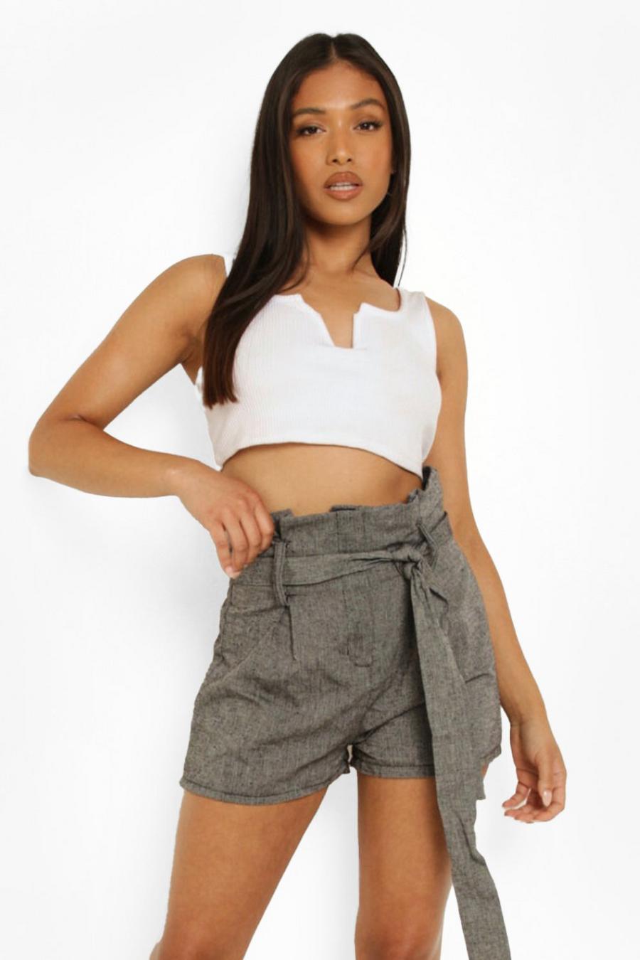 Black Petite Tailored Buckle Linen Look Shorts image number 1