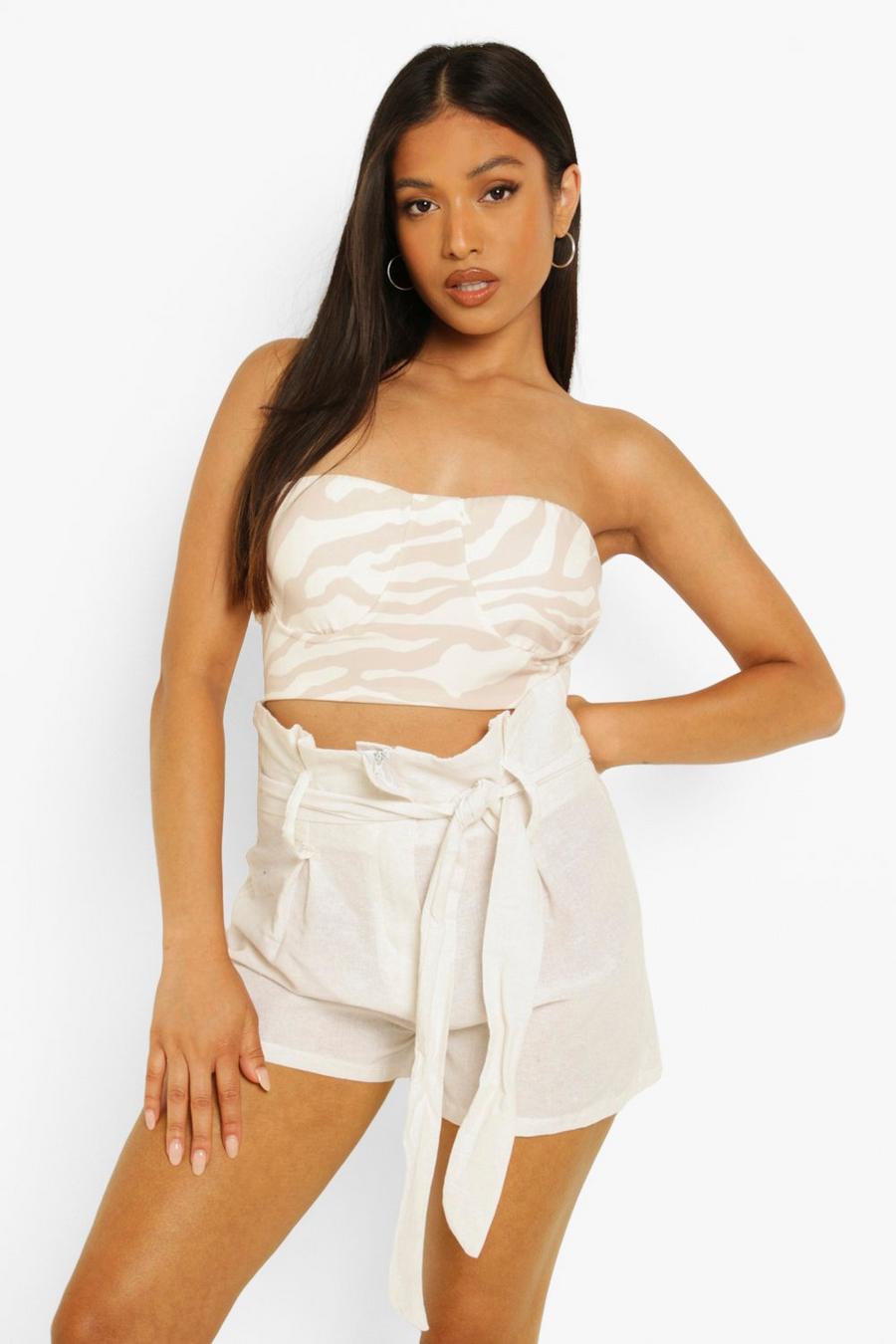 White Petite Tailored Buckle Linen Look Shorts image number 1