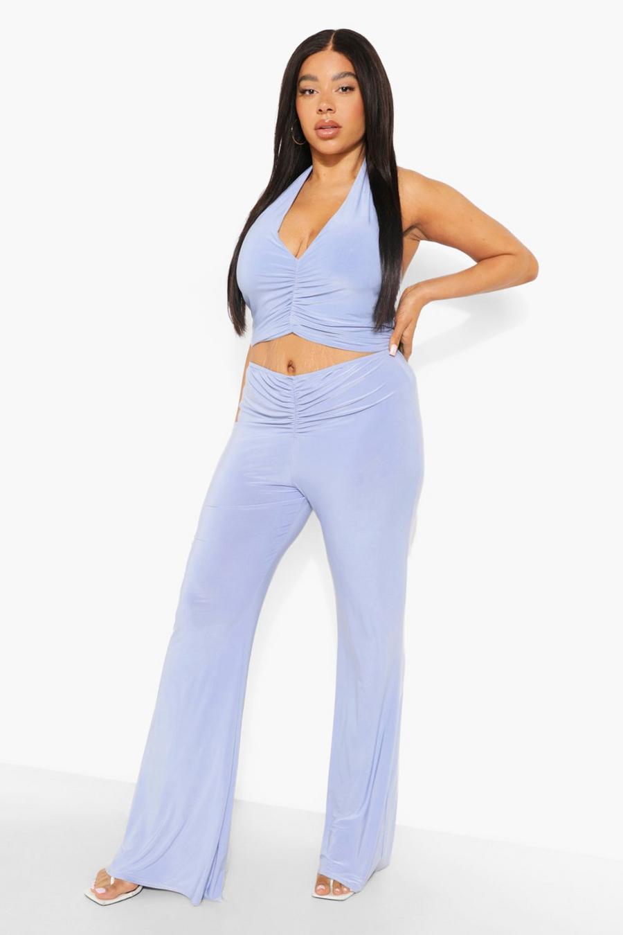 Baby blue Plus Ruched Halter Pants Co-Ord image number 1