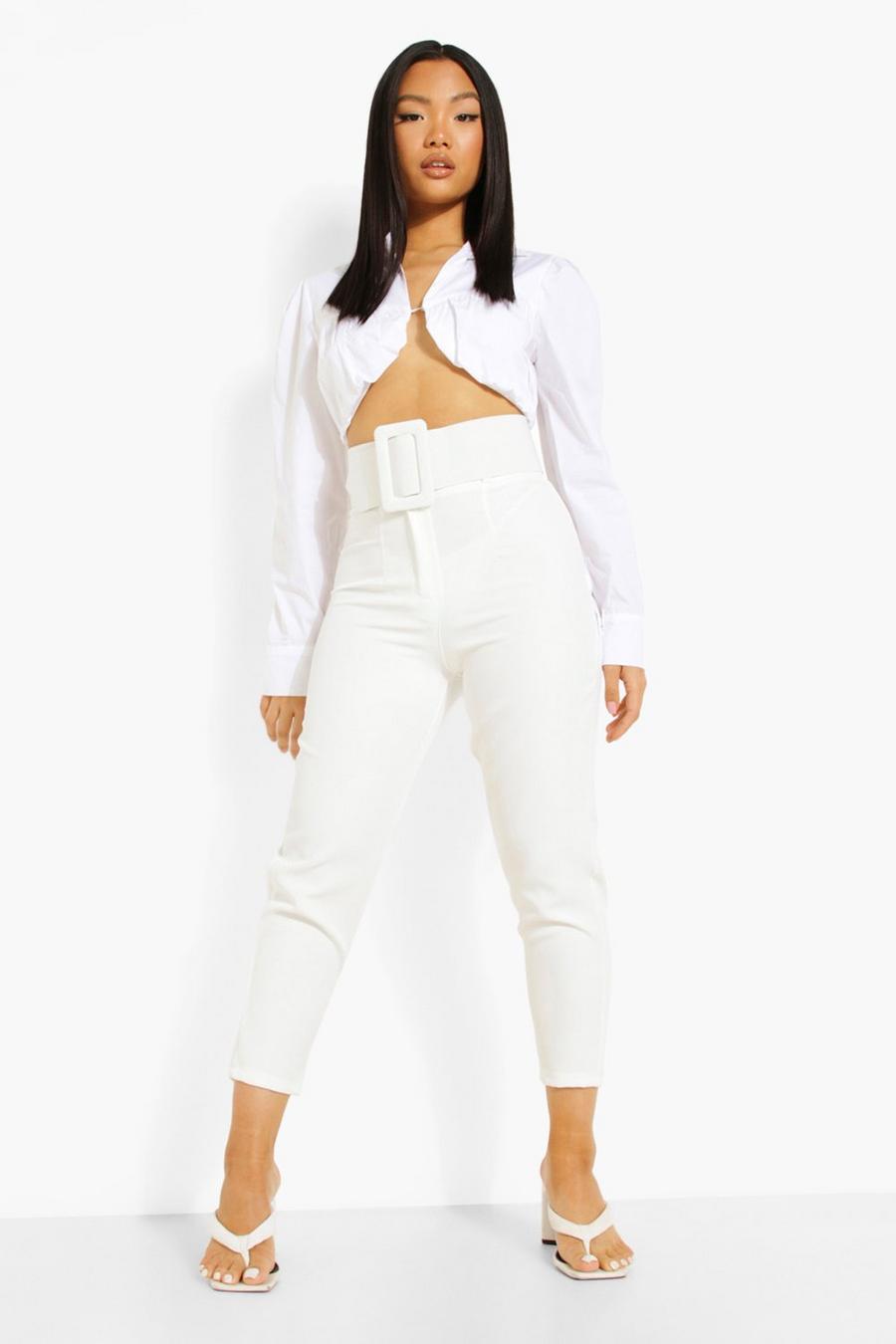 Pantalón Petite de pinza con cintura alta y cinturón, White image number 1