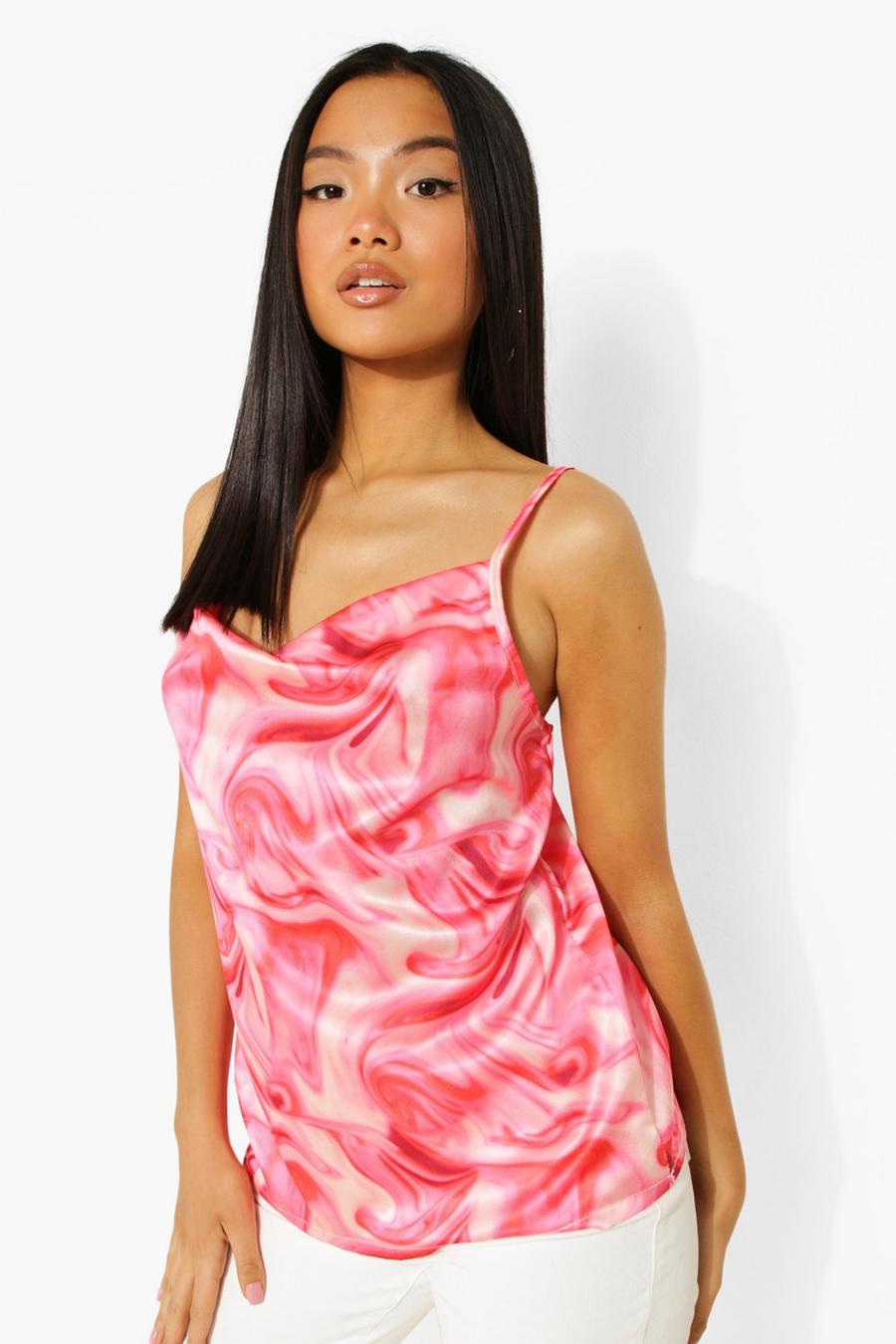 Pink Petite Marble Print Cowl Neck Cami Top image number 1