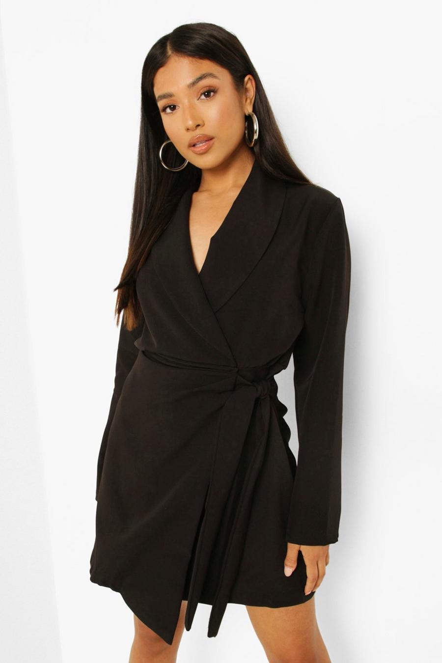 Black Petite Woven Ruched Side Tie Blazer Dress image number 1