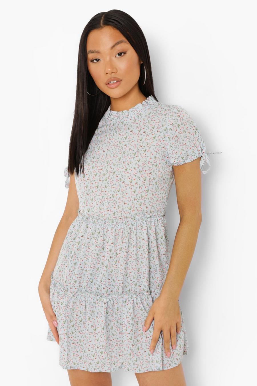 Pale blue Petite Puff Sleeve Ditsy Smock Dress image number 1