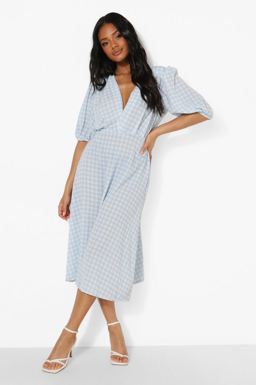 Blue Petite Gingham Woven Midaxi Dress image number 1
