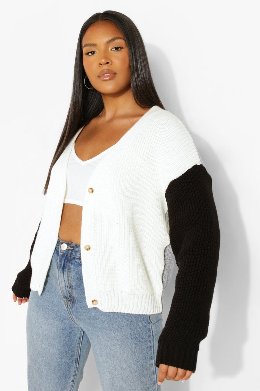 Black Plus Colour Block Sleeve Knitted Cardigan image number 1