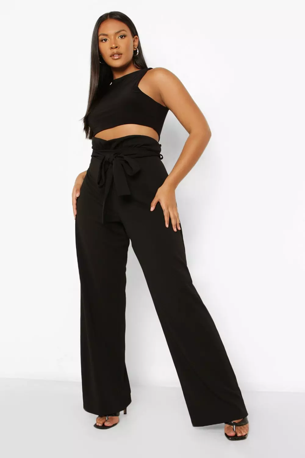 Black wide shop leg paperbag trousers