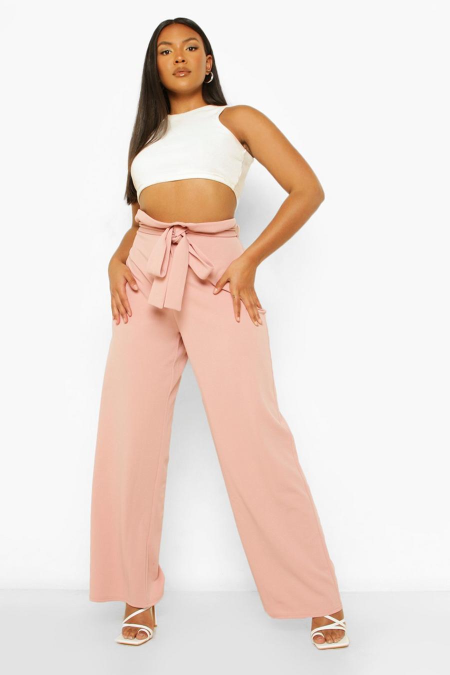 Pantalón Plus ajustado de pernera ancha con cinturón y cintura paperbag, Blush rosa