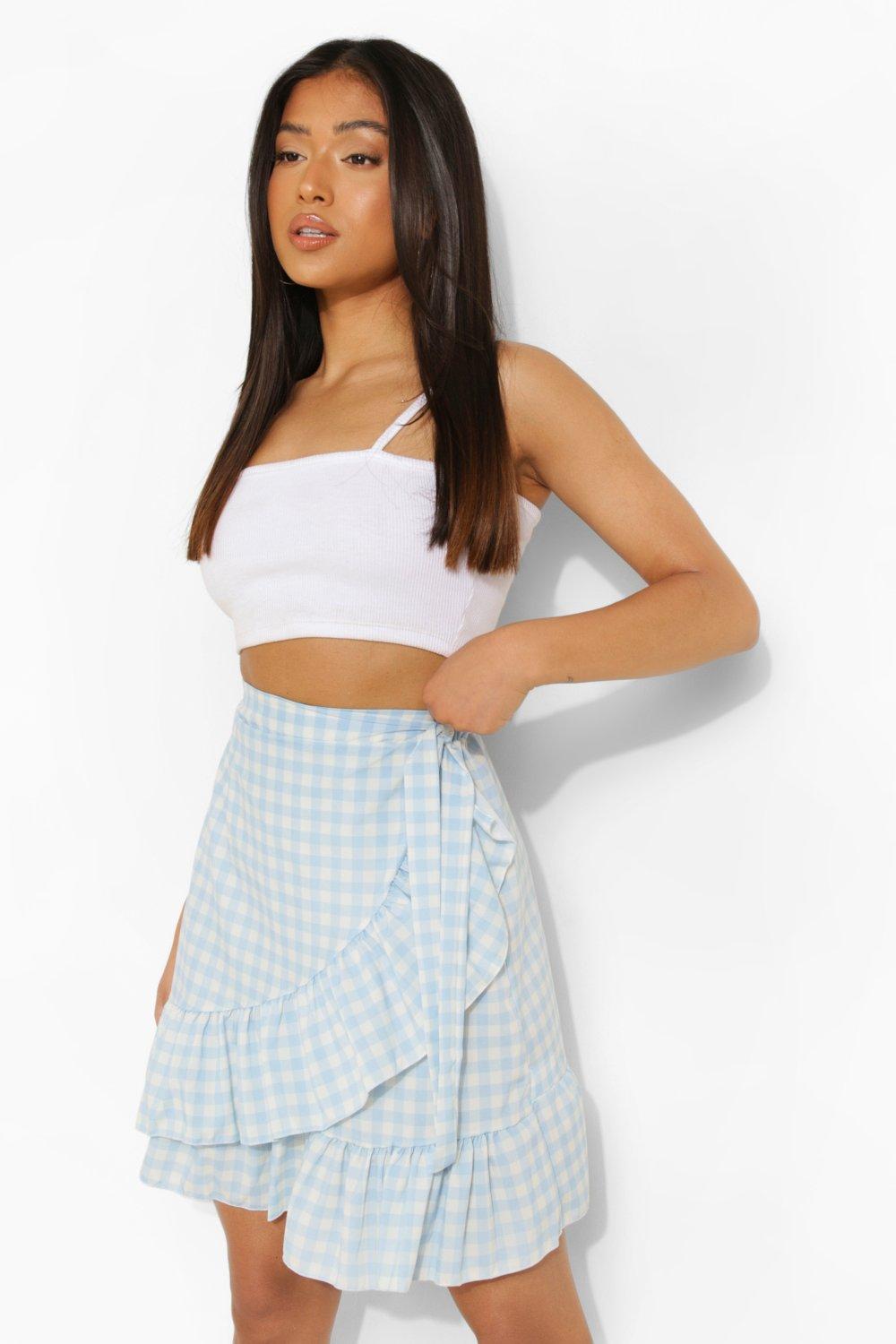 Women s Petite Gingham Ruffle Hem Wrap Mini Skirt Boohoo UK