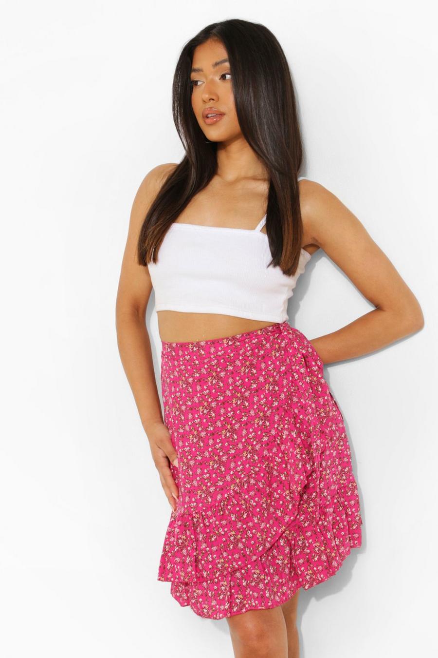Petite - Mini-jupe portefeuille avec ourlets à volants et imprimé petites fleurs, Rose image number 1