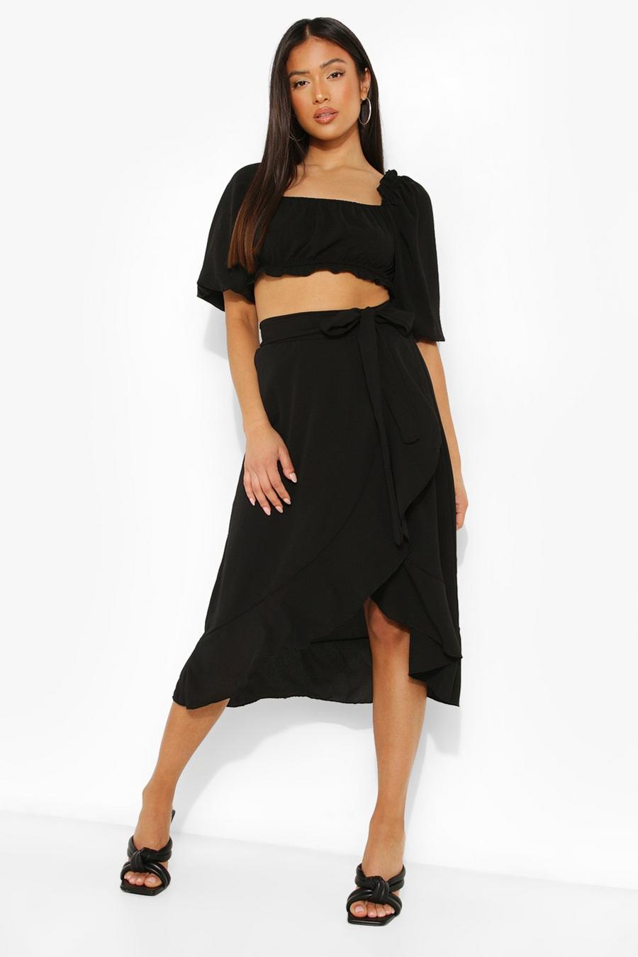 Black Petite Wrap Ruffle Midi Skirt image number 1