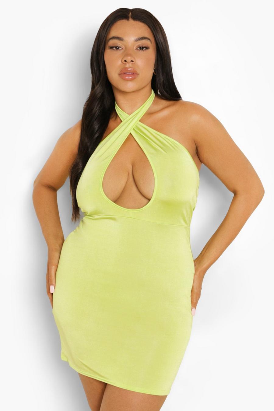 Plus glänzendes Cut-Out Neckholder-Kleid, Green image number 1