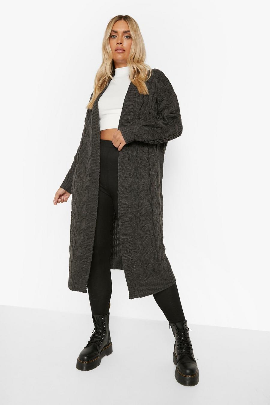 Charcoal Plus Cable Knit Longline Cardigan image number 1