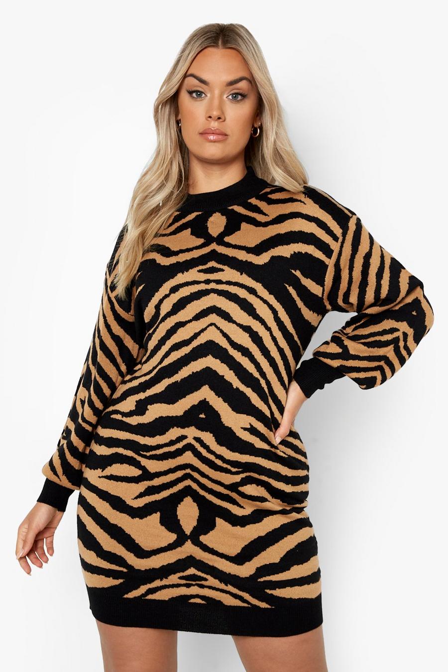 קאמל שמלת סוודר סרוגה בהדפס חיות מידות גדולות image number 1