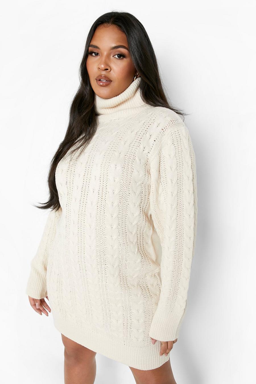 Cream Plus Cable Knit Roll Neck Jumper Dress image number 1