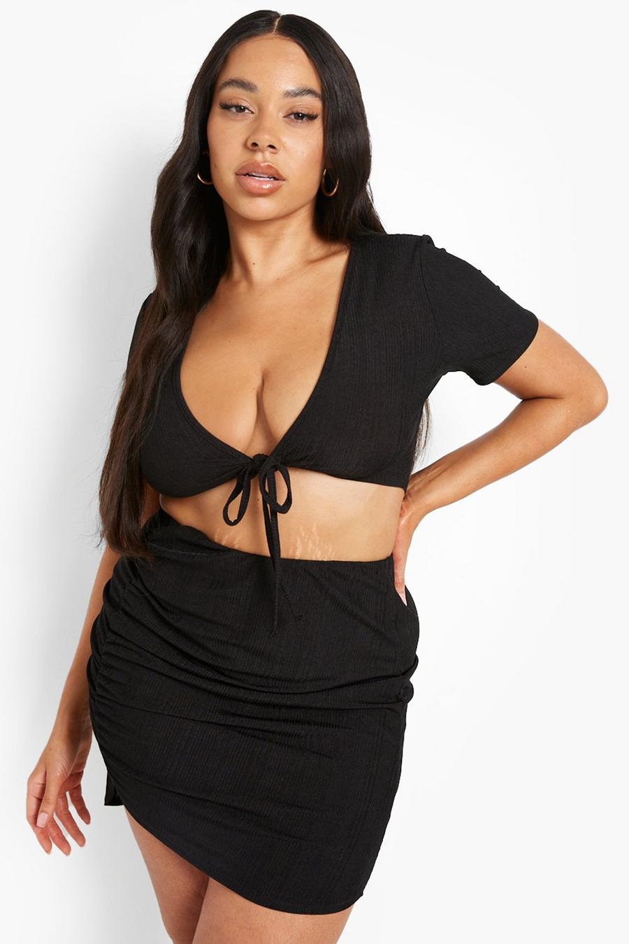 Black Plus Slinky Rib Tie Co Ord Top image number 1