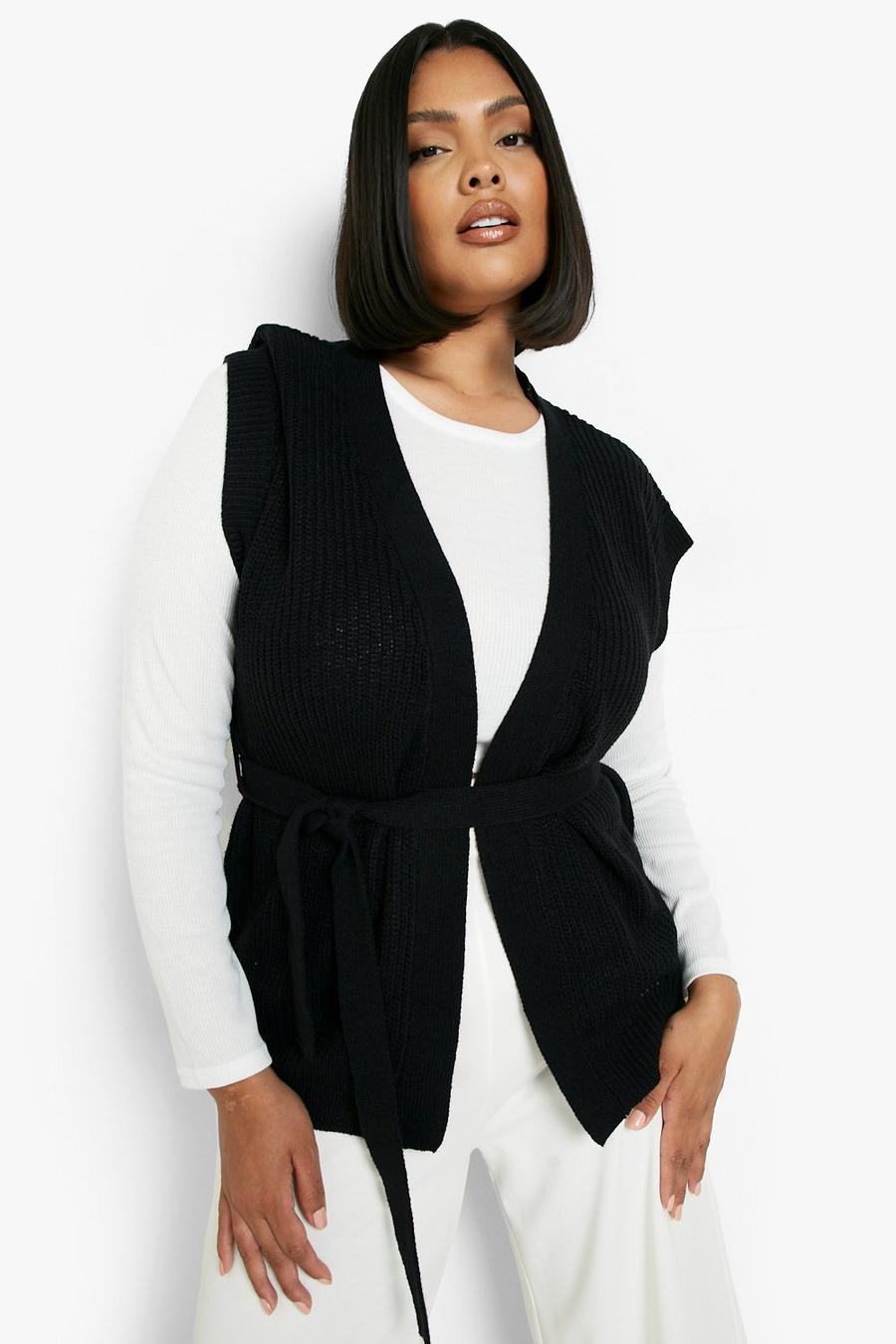 Cardigan Plus Size in maglia con laccetti, maniche ad aletta e cintura, Black image number 1