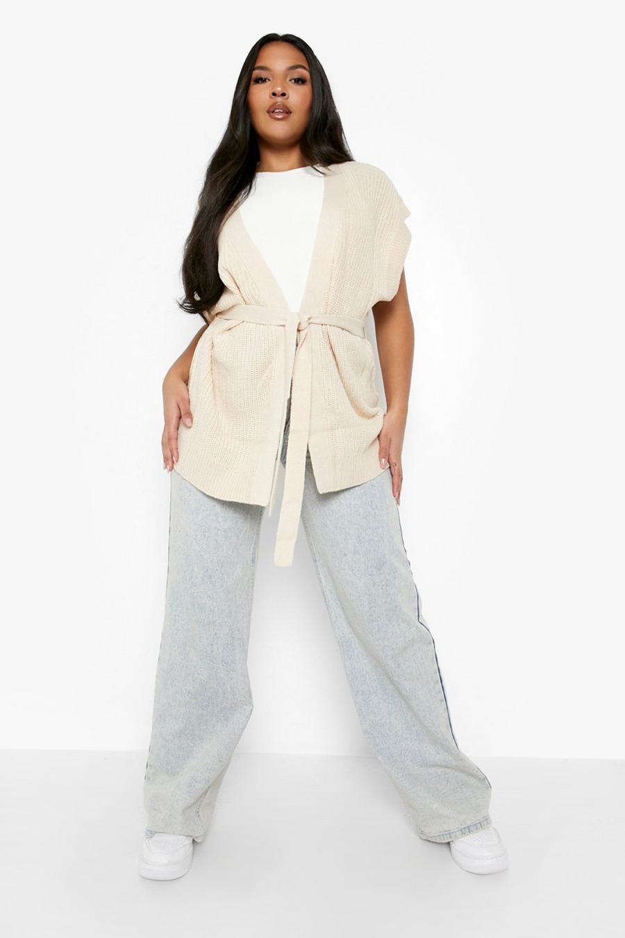 Cardigan Plus Size in maglia con laccetti, maniche ad aletta e cintura, Stone beis image number 1