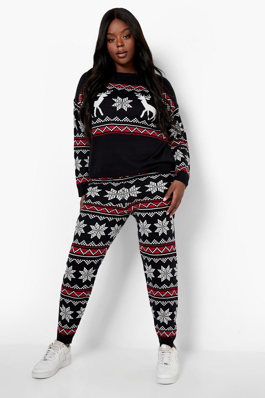 Navy marinblå Plus Reindeer Christmas Jumper Knitted Co Ord