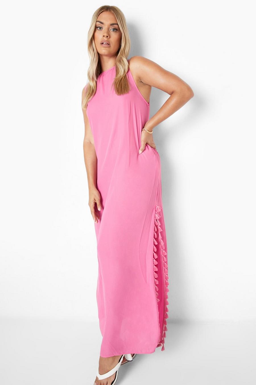 Vestito maxi Plus Size con spacco e nappe, Hot pink image number 1