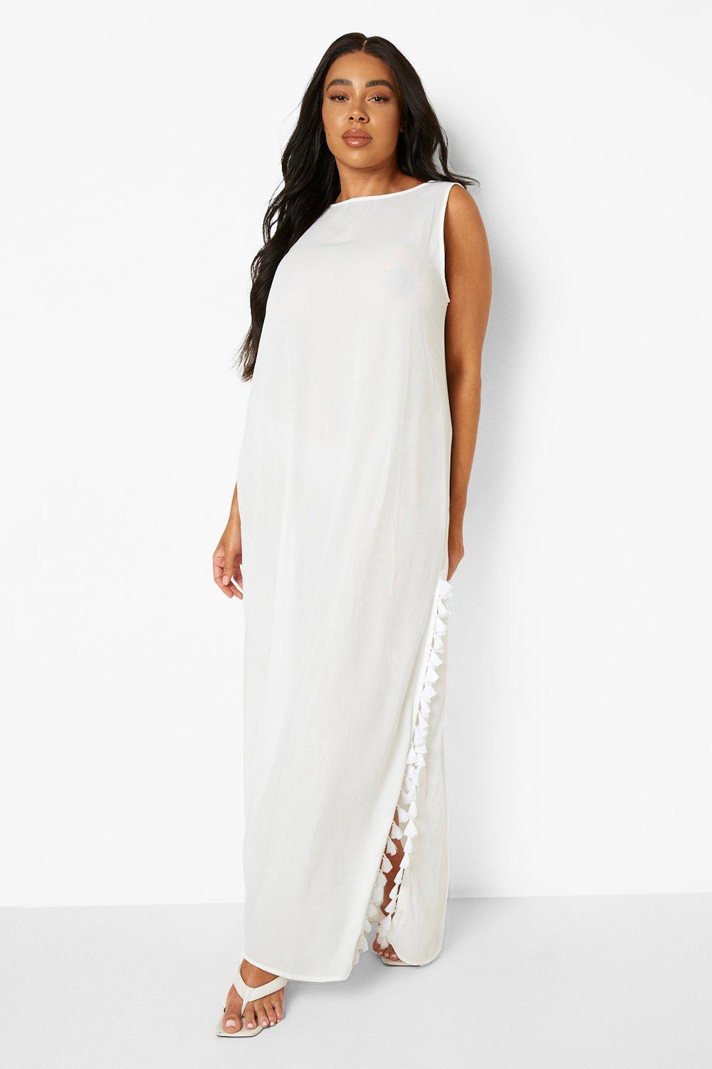 plus size white tassel dress