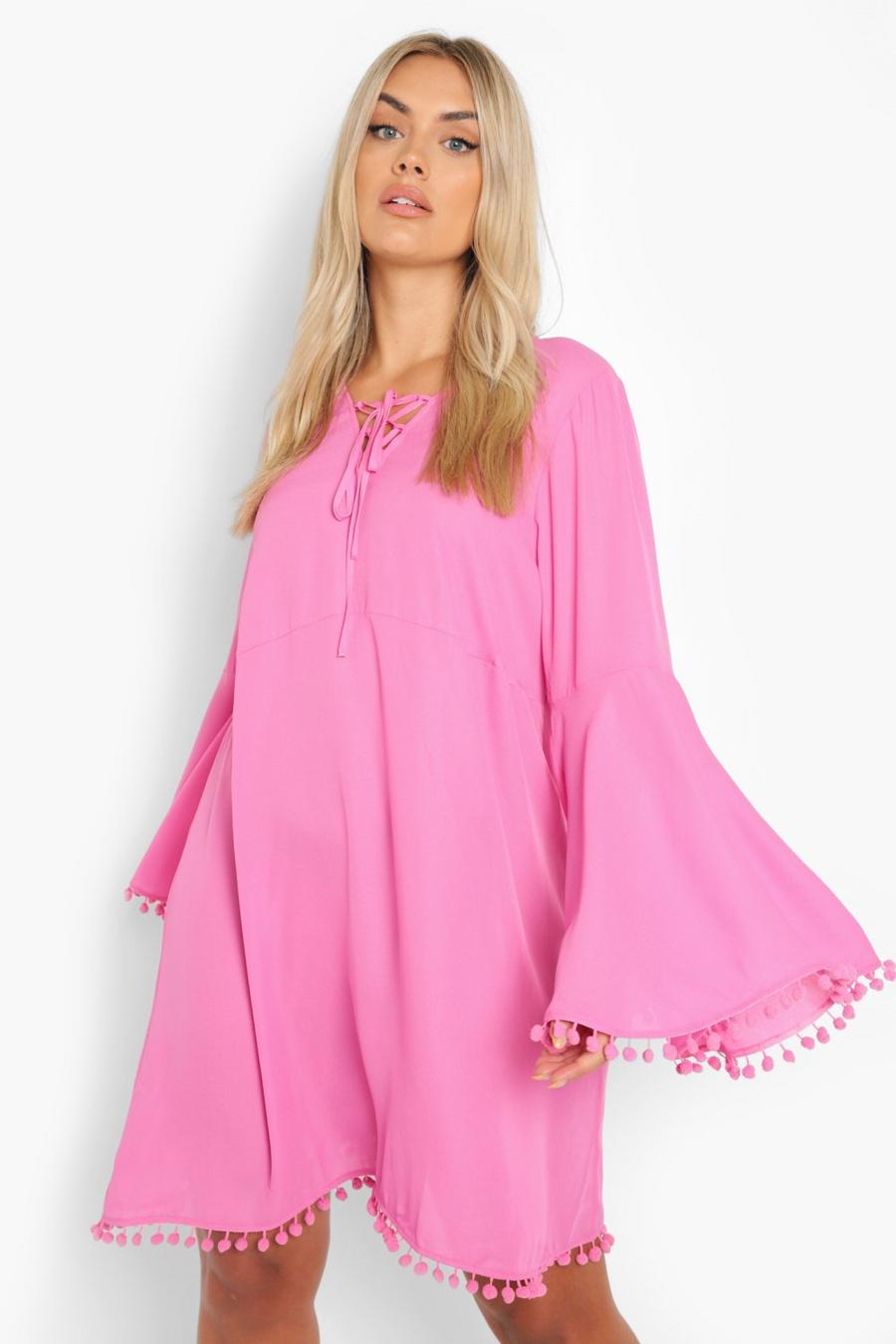 Hot pink Plus Tassel Flare Sleeve Smock Dress image number 1