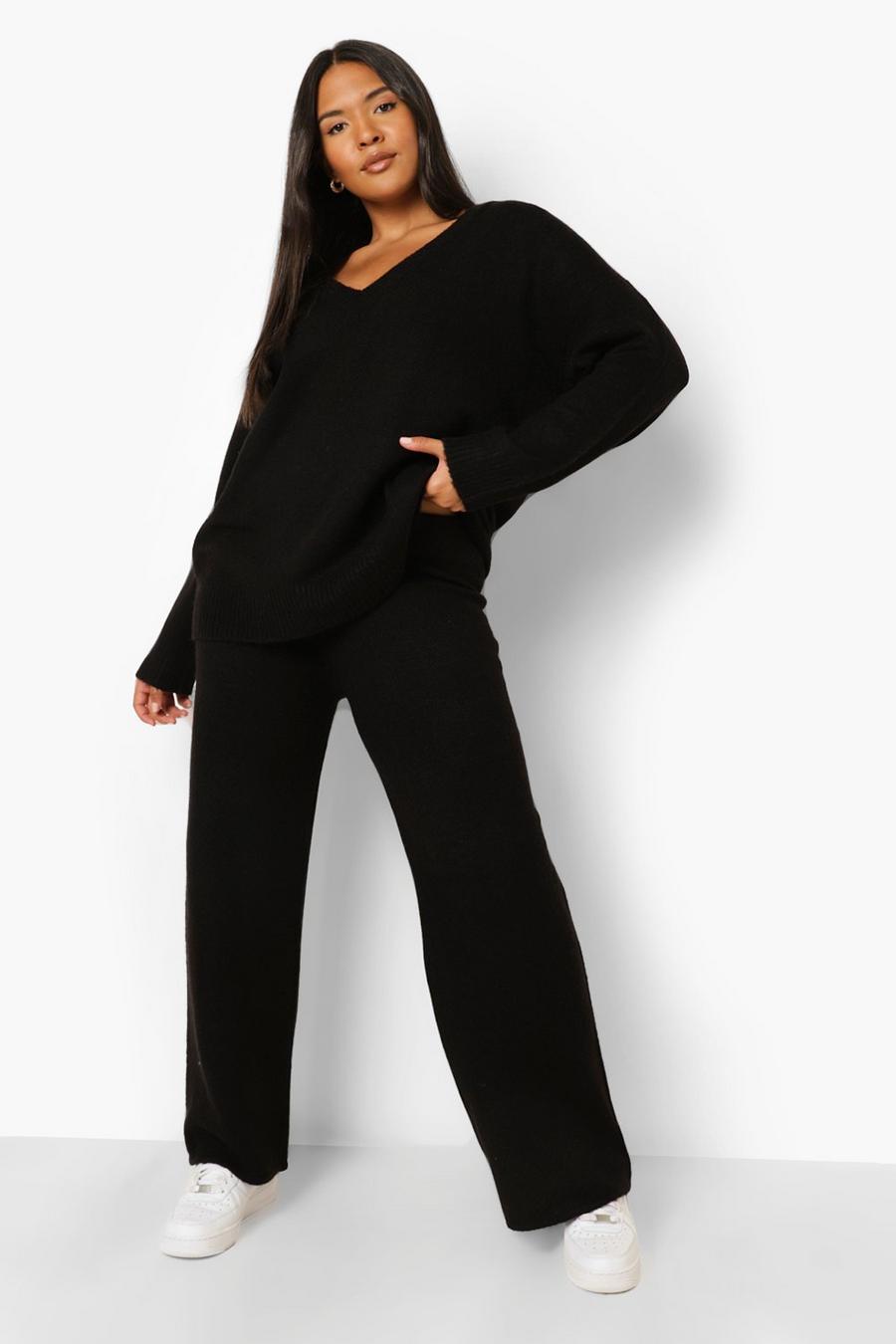 Black Plus Knitted V Neck Sweater Loungewear Set image number 1