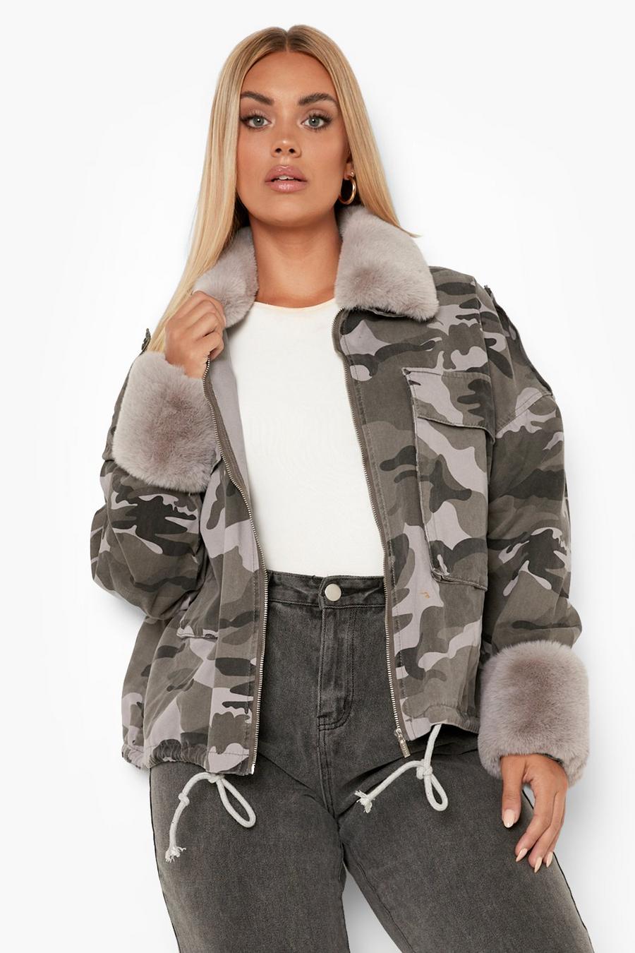 Khaki Plus Detachable Faux Fur Trim Denim Jacket image number 1