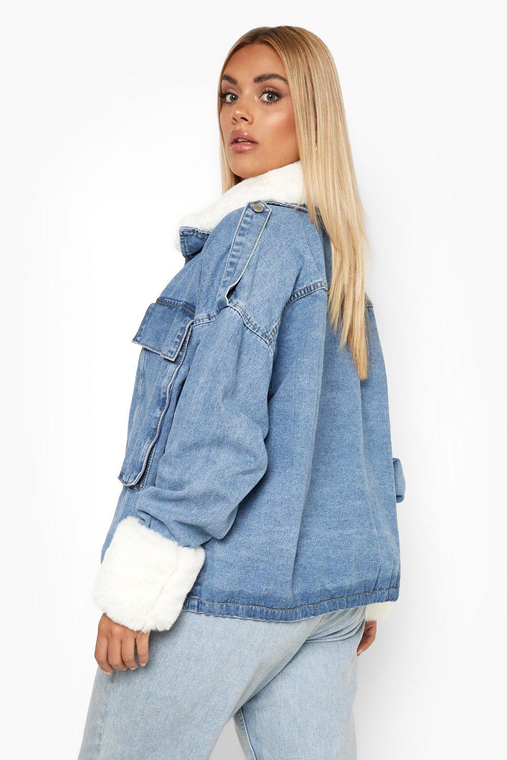 Faux Fur Trim Empire Logo Jacquard Denim Utility Jacket