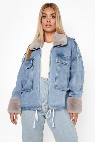 Plus Detachable Faux Fur Trim Denim Jacket mid blue