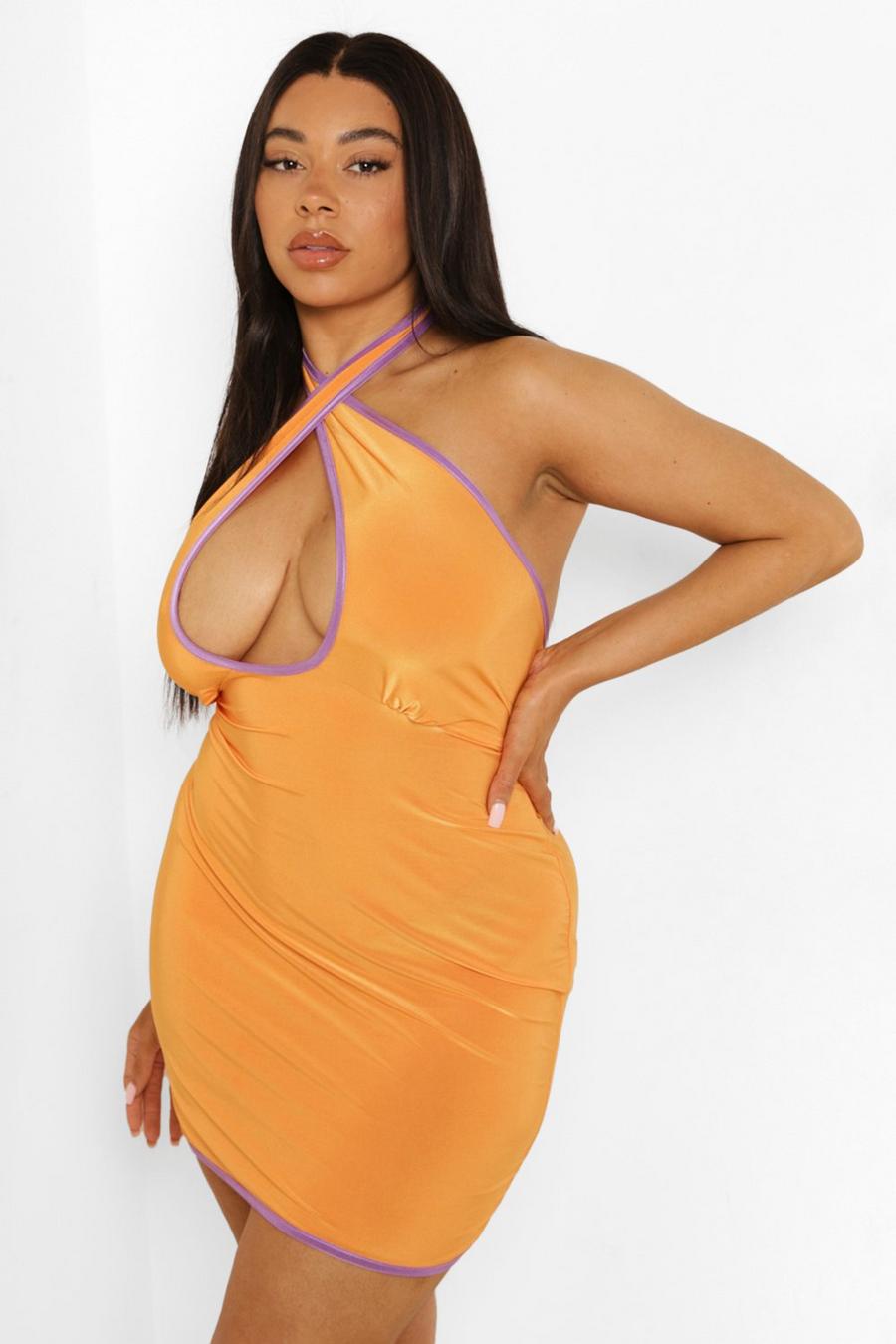 Orange Plus Halter Neck Contrast Binding Dress image number 1