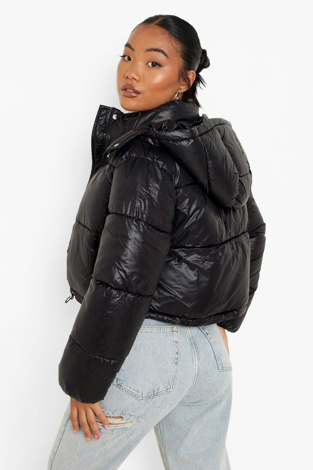 Boohoo crop hooded store puffer jacket in black