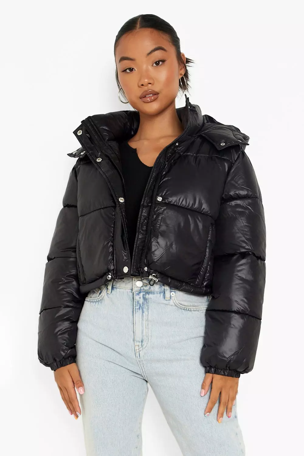 Black hooded cropped puffer cheap jacket