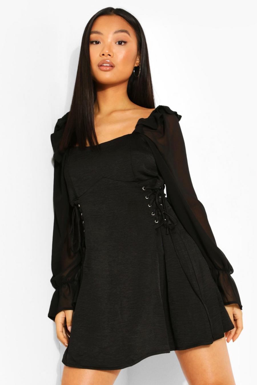 Black Petite Lace Up Detail Puff Sleeve Mini Dress image number 1