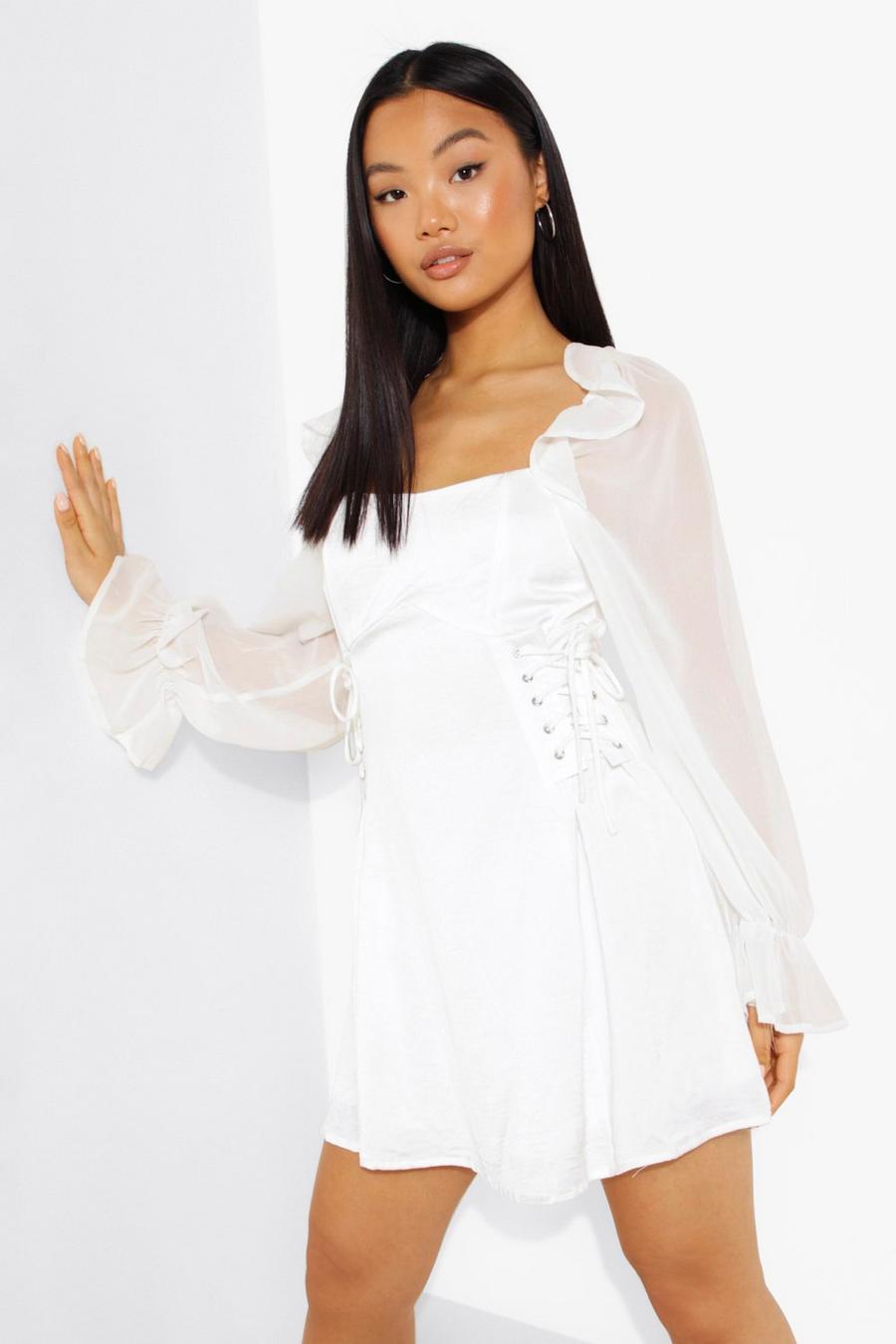 White Petite Lace Up Detail Puff Sleeve Mini Dress image number 1