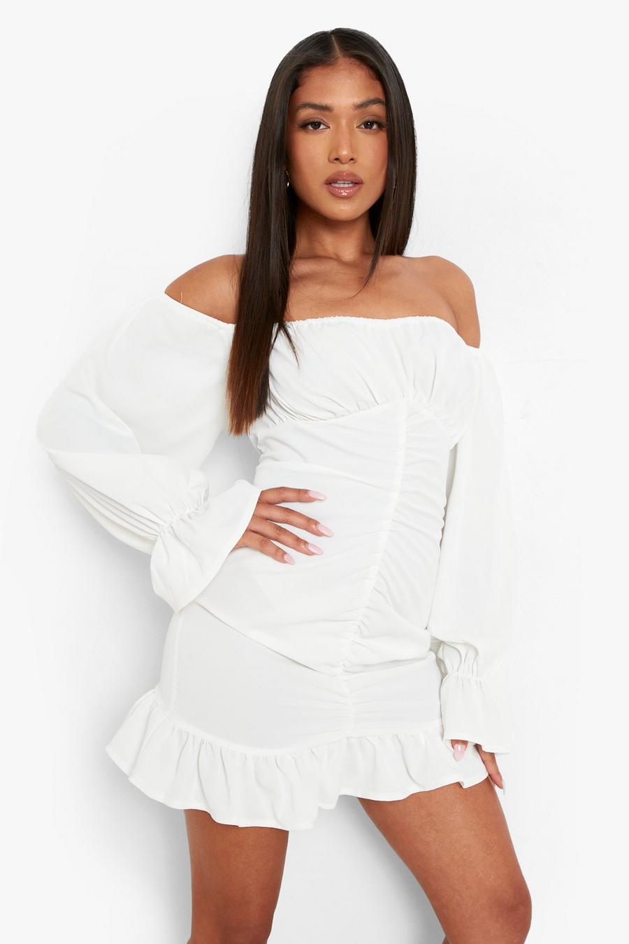 White Petite Ruched Off The Shoulder Ruffle Hem Mini Dress image number 1