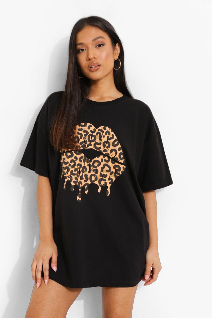 Petite - Robe t-shirt imprimé lèvres et léopard, Noir image number 1