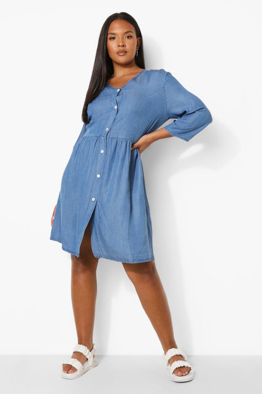 Blue Plus Long Sleeve Chambray Smock Dress image number 1