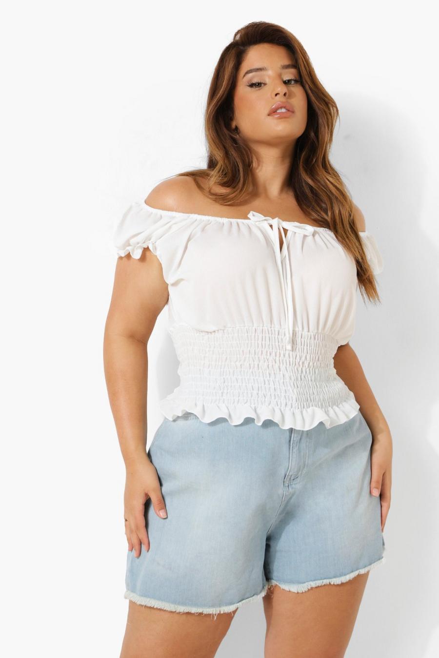 White Plus Shirred Off The Shoulder Top image number 1