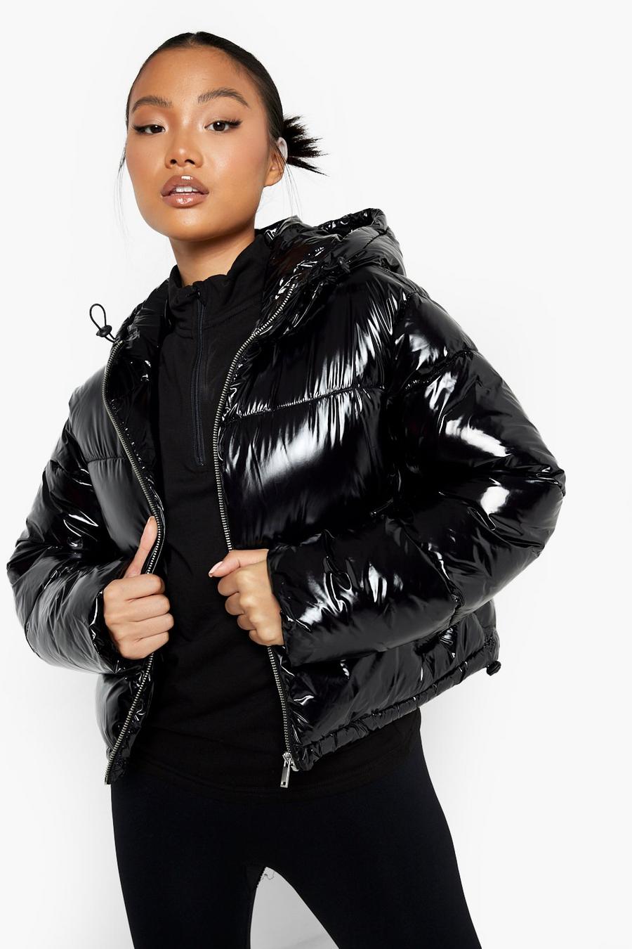 Black Petite Recycled High Shine Puffer Jacket image number 1