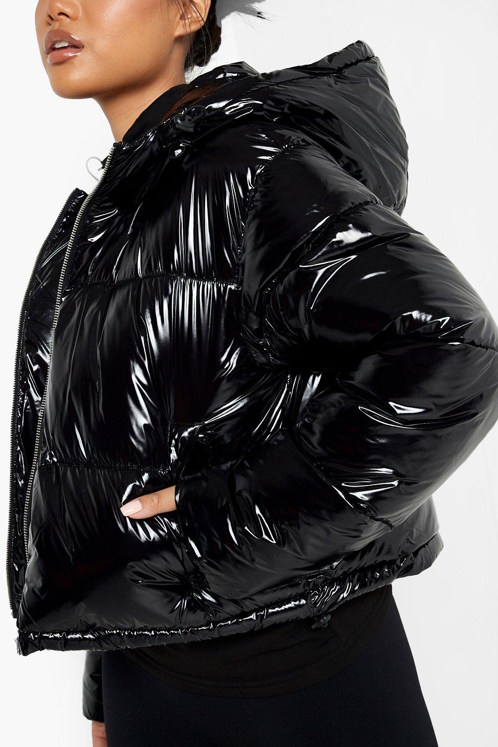 Black shiny best sale puffer jacket boohoo