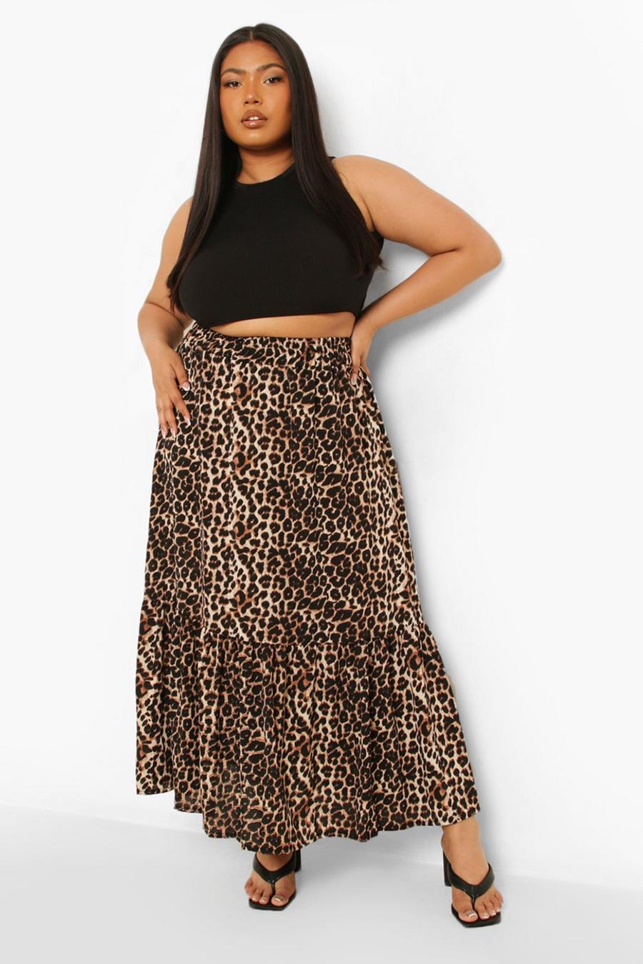 Plus Leopard Print Tiered Maxi Skirt image number 1