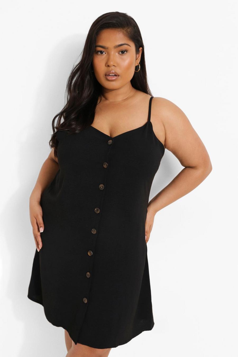 Black Plus Button Front Strappy Swing Mini Dress image number 1