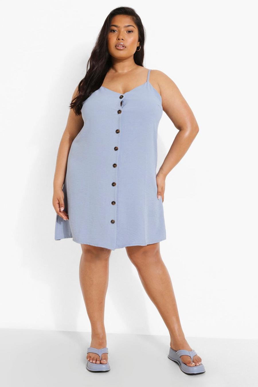 Blue Plus Button Front Strappy Swing Mini Dress image number 1