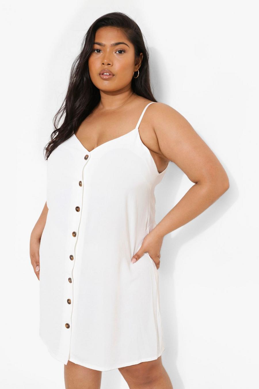White Plus Button Front Strappy Swing Mini Dress image number 1