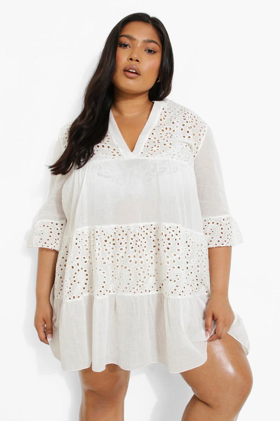 White Plus Broderie Smock Dress image number 1
