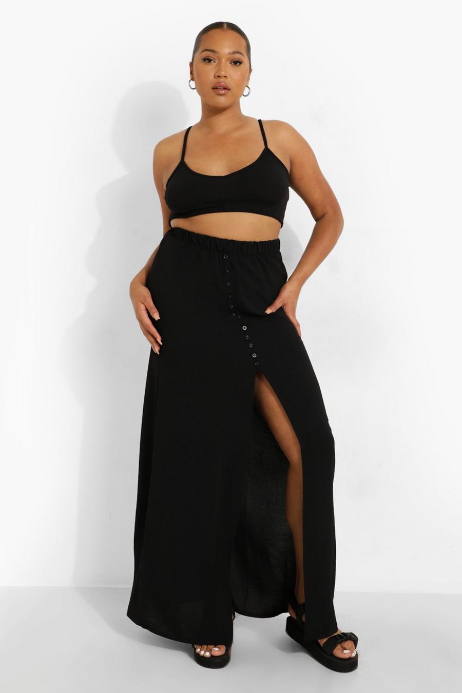 Black Plus Premium Textured Woven Button Maxi Skirt