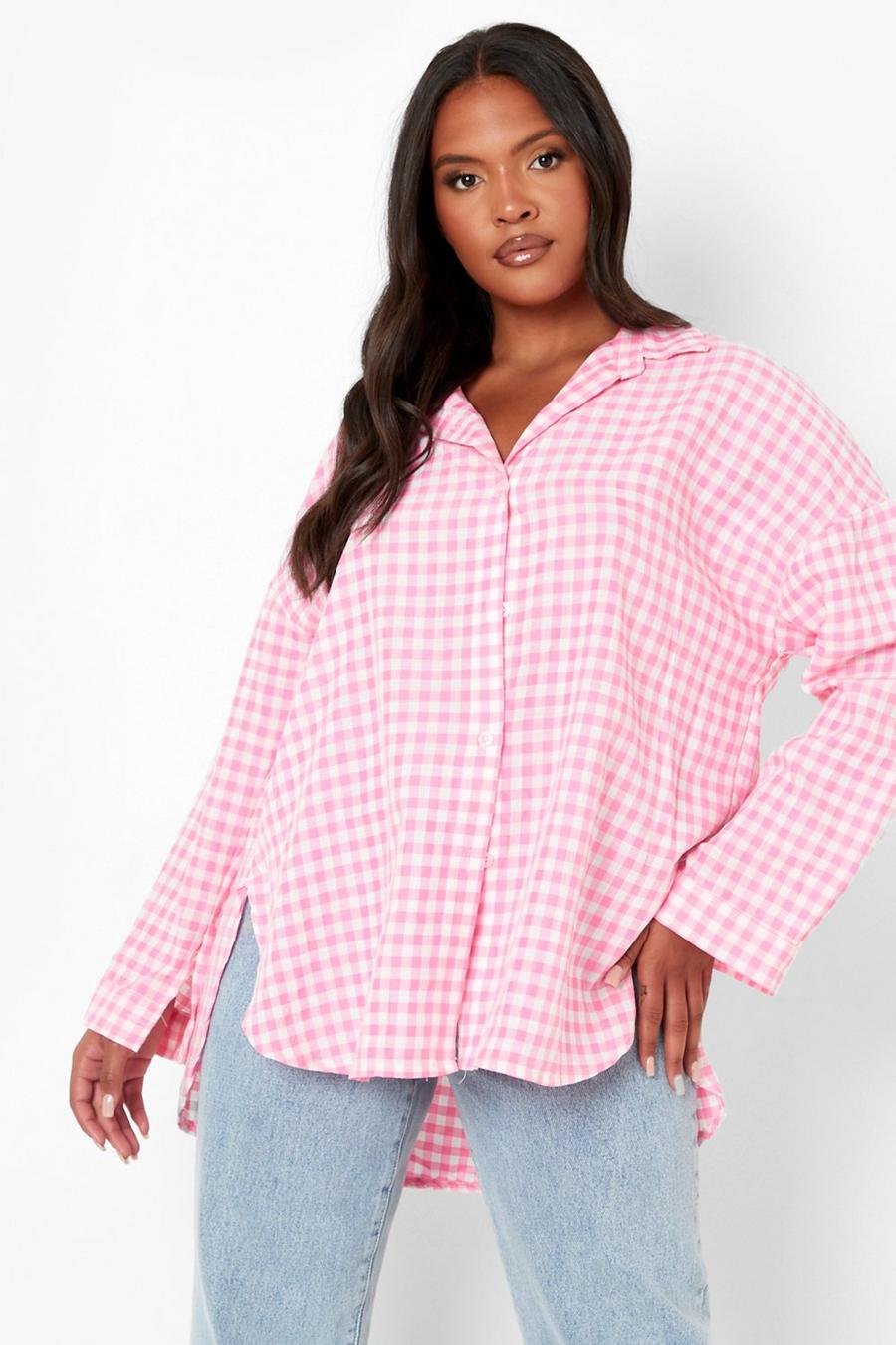 Pink Plus Oversized Gingham Textured Shirt image number 1
