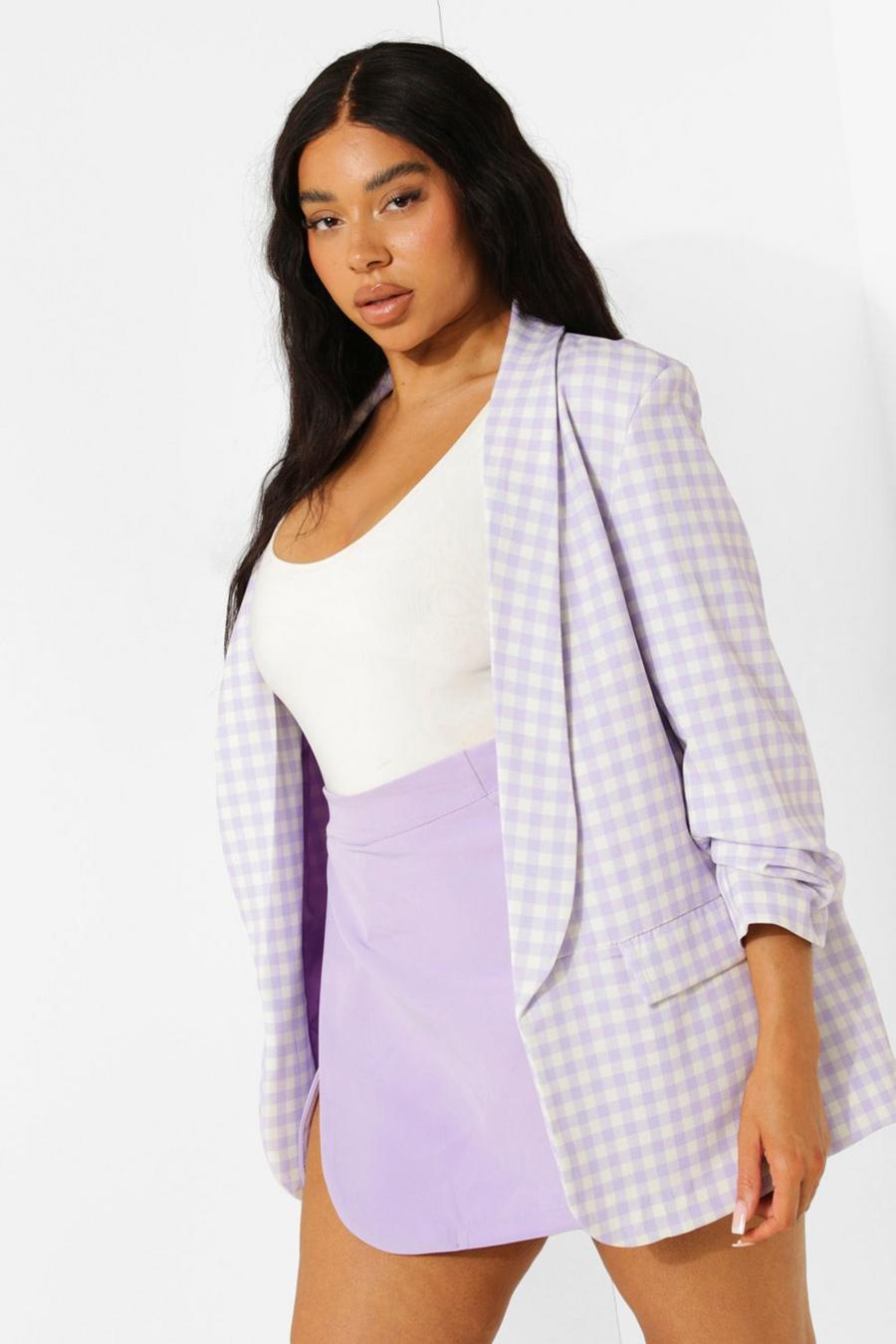 Lilac Plus Gingham Ruched Sleeve Blazer image number 1