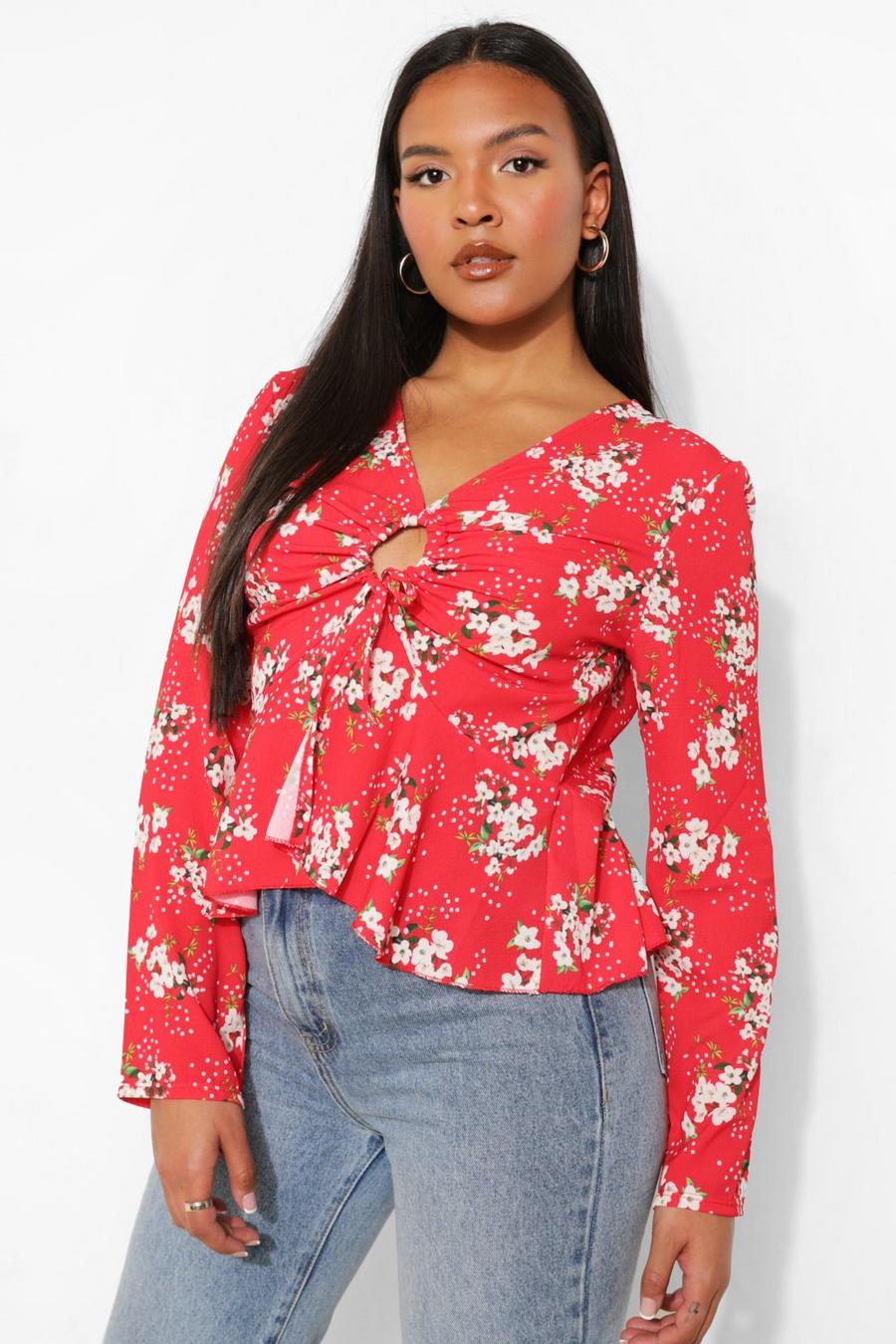 Red Plus Floral O Ring Blouse image number 1