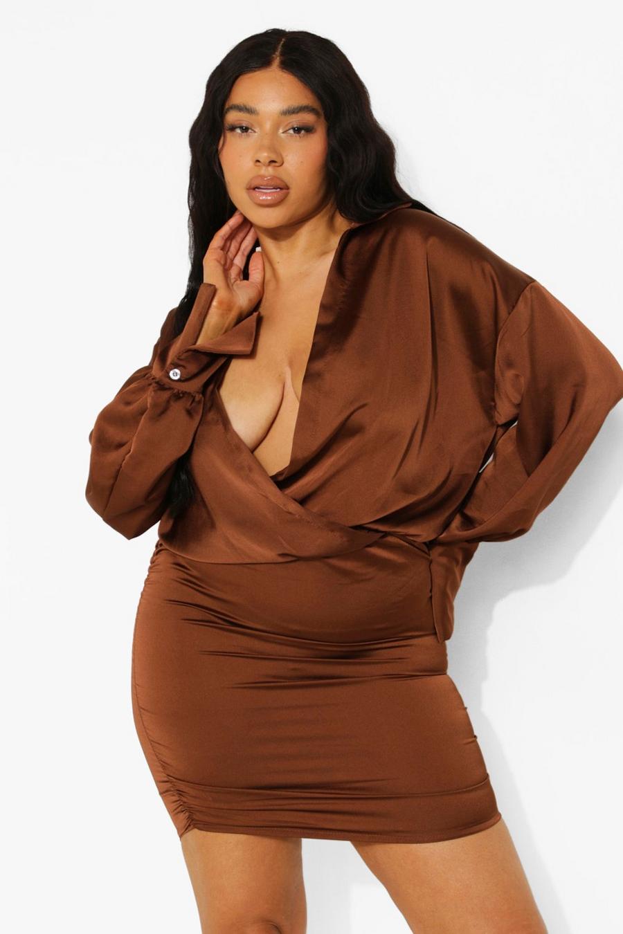 Chocolate Plus Wrap Satin Ruched Side Mini Dress image number 1